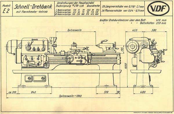 Німецький універсальний токарно-гвинторізний верстат фірми VDF модель Е2-V8 - прототип ДІП-200 (1д62, ДІП-20)